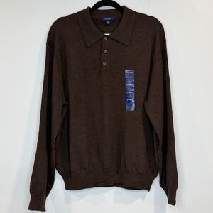 Club Room Mens Sweater Brown 100% Merino Wool Polo Long Sleeve Pullover Size XL